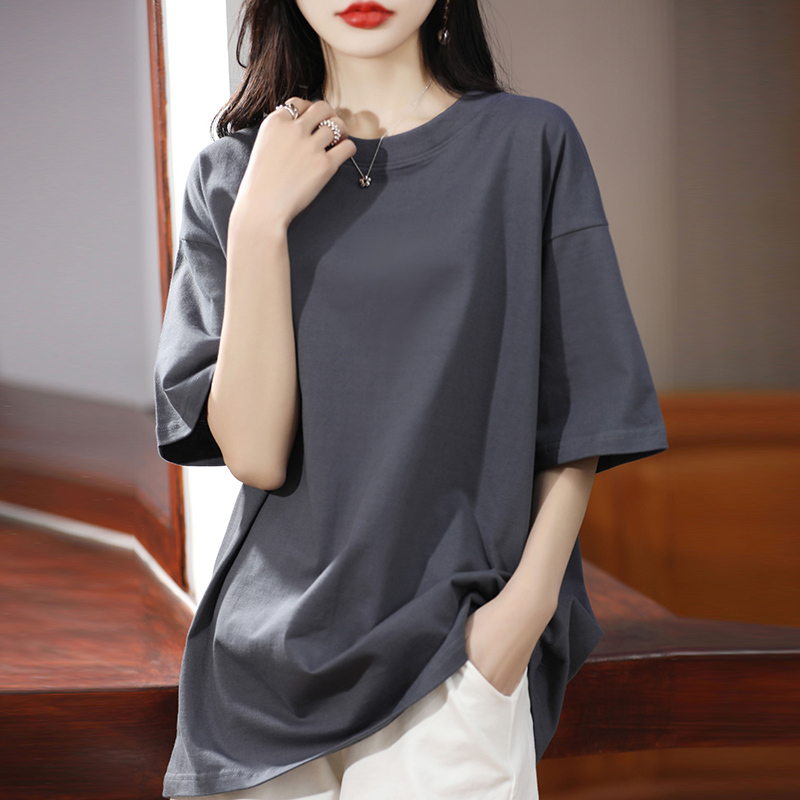 Pure Cotton Short-Sleeved T-Shirt for Women, Round Neck Pullover, Casual Drop Shoulder T-Shirt, Loose Half-Sleeved Top, Summer 2026 New Style