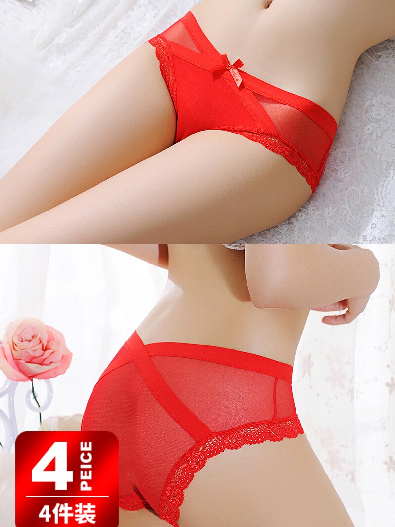 Red panties women's wedding lace low waist Hot sexy year of life Transparent mid-waist pure cotton girl briefs