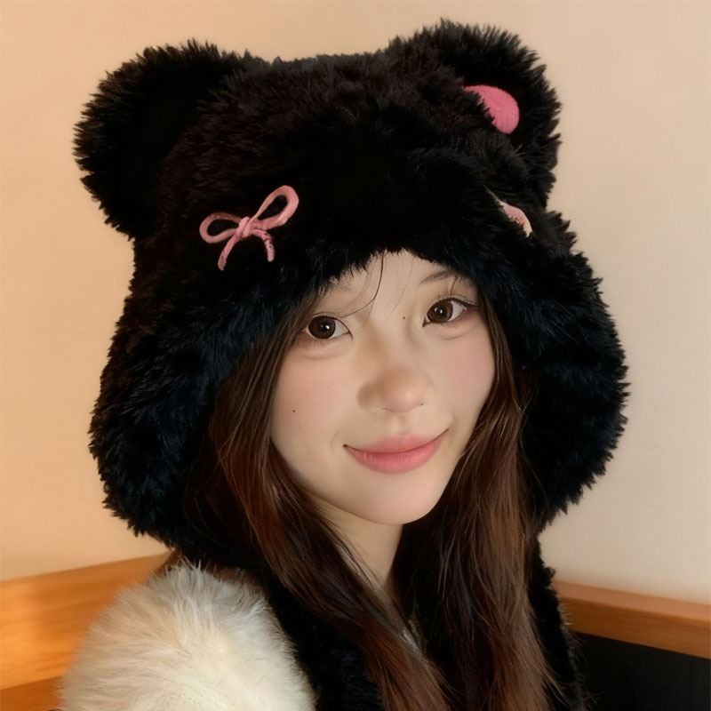 Autumn and Winter Cute Bear Soft Hats for Women, New Style, Thickened Ear Protection, Warm Lei Feng Hat, Face-Slimming Plush Hat