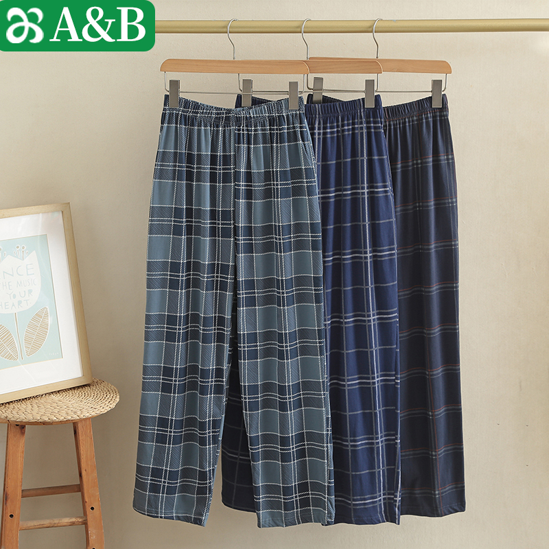 Ab Men's Pajama Pants with Pockets, 100% Cotton, Thin, Loose, Casual Summer Long Pants, All-Cotton, Large Size, Plaid Loungewear Pants