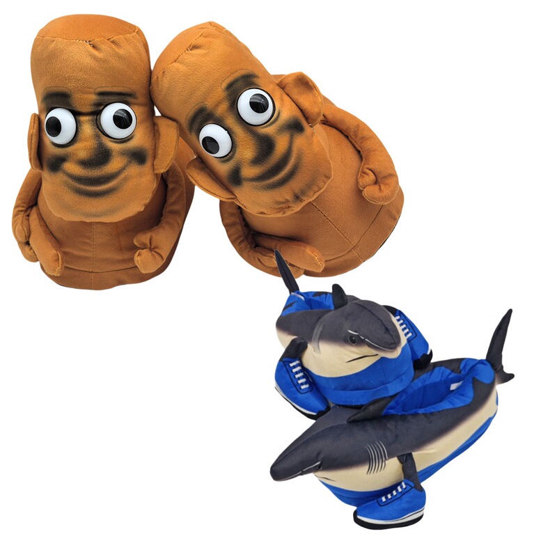 Creative and Quirky American-Style Mountain and Sea Classic-Like Wooden Stick Figure Vs. Shark Prank Plush Slippers Home Cotton Shoes