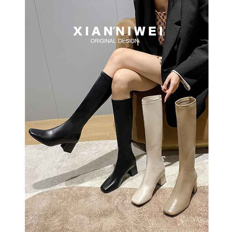Long Boots for Women 2025 Spring and Autumn Elastic Boots Slim Thick Heel Square Toe Knee-High Boots High Tube Over-The-Knee Riding Boots for Women