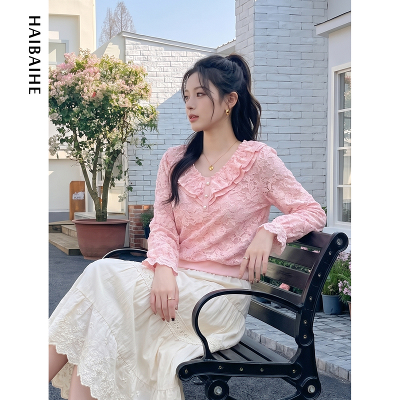 Sea Lily 2026 Autumn Elegant Lace Long Sleeve Top for Women Sweet Ruffled V-Neck Slimming High-End Feel 9197 Sea Lily 2026 Autumn Elegant Lace Long Sleeve Top for Women Sweet Ruffled V-Neck Slimming High-End Feel 9197