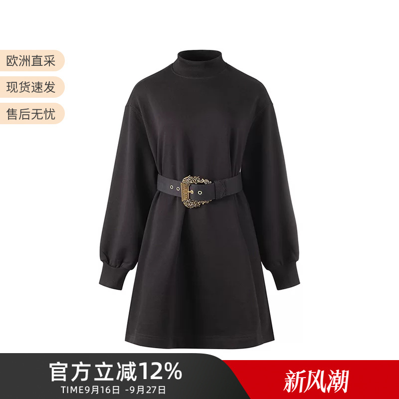 Versace Vjc Women's Cotton Turtleneck Sweatshirt Dress with Long Sleeves and Belt 75Hao971 F0010 Versace Vjc Women's Cotton Turtleneck Sweatshirt Dress with Long Sleeves and Belt 75Hao971 F0010