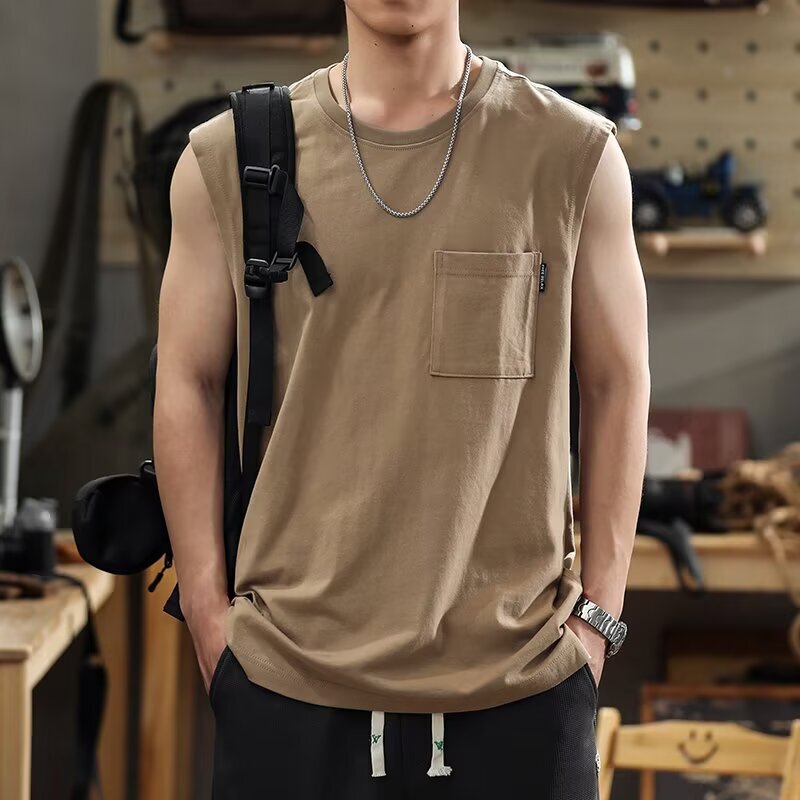 Meilade Style Handsome Pure Cotton Vest for Men, Plus Size, Extra Large, Breathable Summer Sleeveless Vest with Patch Pockets, Vintage Style T-Shirt