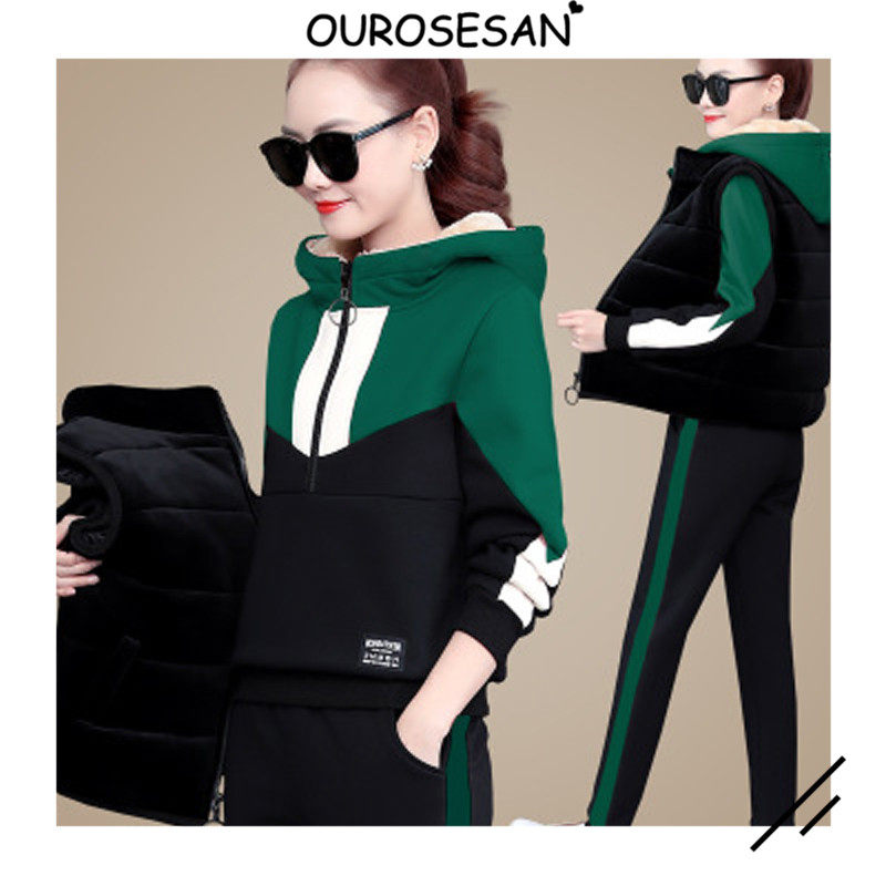 OUROSESAN sports and leisure suit Women's sweater Autumn and winter thickened cashmere lamb cashmere coat three-piece set