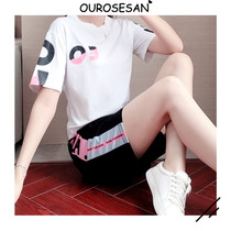 OUROSESAN SHORT SLEEVE SPORTSWEAR SUIT WOMENS SUMMER NEW KOREAN VERSION Tide Cards Fashion Casual Running Two Sets