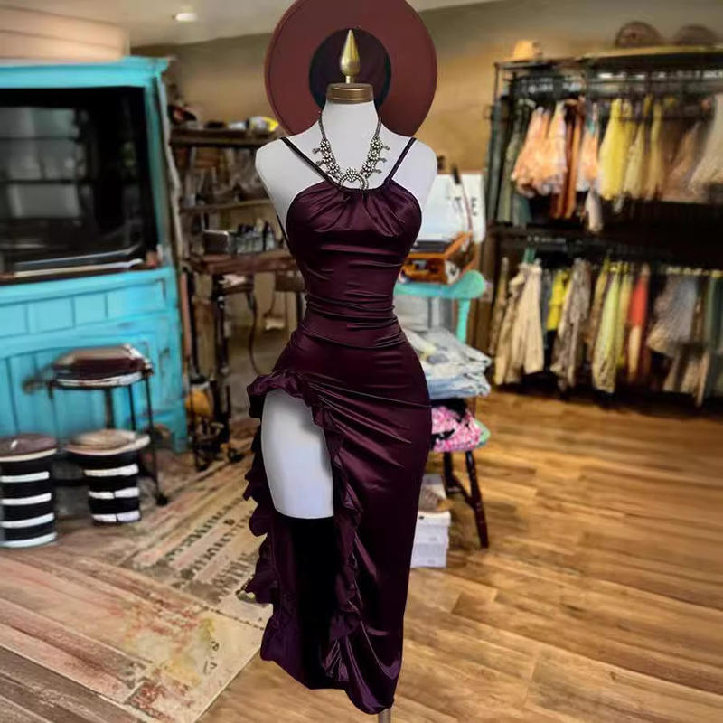 2024 European and American Style Amazon Independent Store Sleeveless Strap Solid Color Satin Leg-Revealing Long-Sleeve Dress
