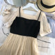 French Hepburn style contrasting color bow super fairy dress women's fake two-piece waist waist temperament slim A-line mid-length skirt