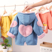 Girls denim jacket 2020 new foreign style female baby velvet thickened winter clothing childrens clothing plus cotton winter cotton coat