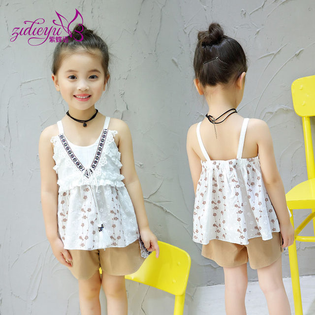 Girls summer suits 2022 new children's cotton two-piece set Western style ethnic style suspender top children's shorts