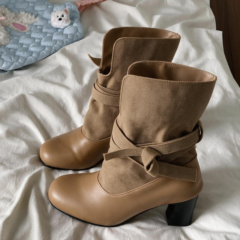 Retro Bowknot Lace-Up Chunky Heel Height-Increasing Short Boots for Women, 2026 Autumn New Style, Dual-Wear Mid-Calf Slimming Fashion Boots Retro Bowknot Lace-Up Chunky Heel Height-Increasing Short Boots for Women, 2026 Autumn New Style, Dual-Wear Mid-Calf Slimming Fashion Boots