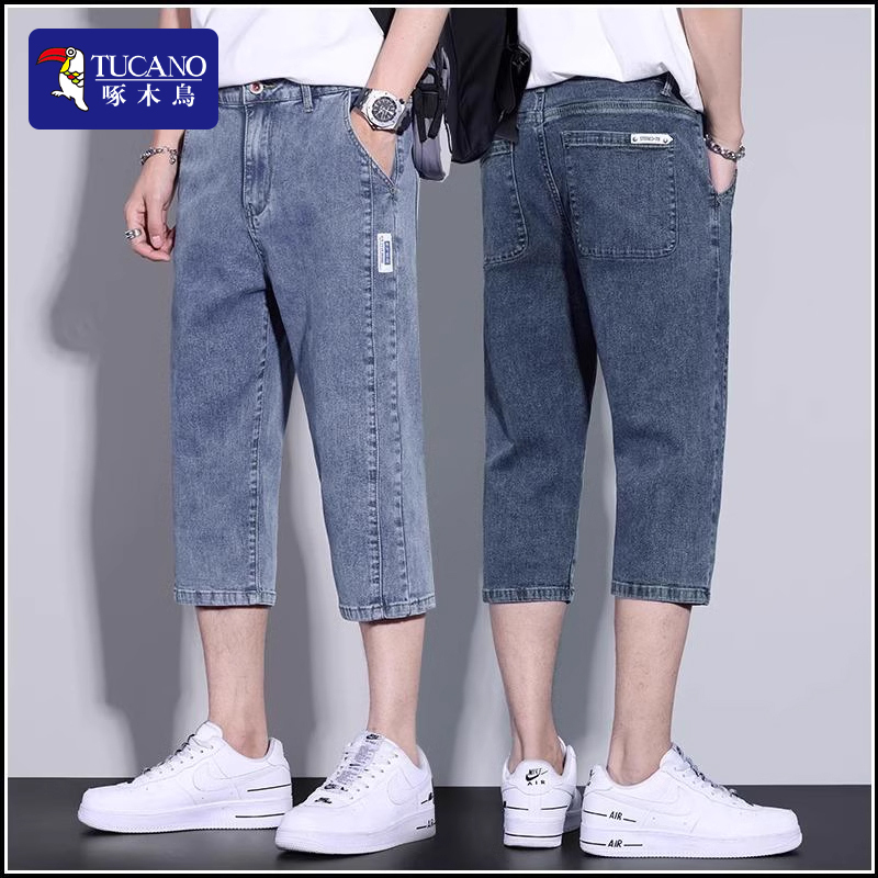 Woodpecker Men's Denim Shorts, Summer Thin Straight-Leg Loose Casual Stretch Mid-Length Pants for Men Woodpecker Men's Denim Shorts, Summer Thin Straight-Leg Loose Casual Stretch Mid-Length Pants for Men