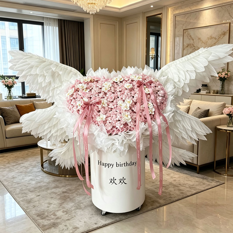 Eternal Flower Angel Wings Hug Bucket High-End Bouquet Valentine's Day Gift for Girlfriend Birthday Confession Ritual Gift