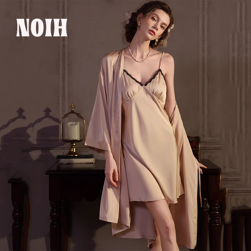 Japanese Noih Sexy Silk Nightgown with Breast Pads, Silk Lace Camisole Nightdress, Robe Set, Loungewear