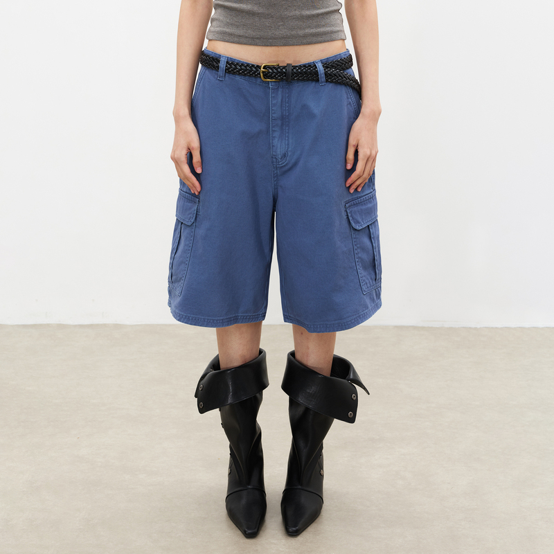 Flyoff【French Blue】Large Pocket Workwear Shorts Unisex Summer Mid-Length Pants Vintage Blue Shorts