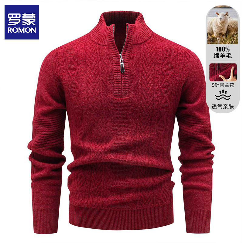 Romon Winter Men's Pure Wool Half-Zip Turtleneck Sweater Knitwear with Alana Texture Thickened Wool Sweater