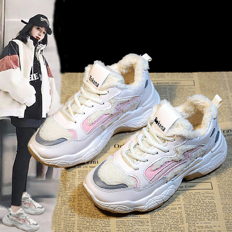 2019新款韩版小白鞋一脚蹬懒人鞋百搭女鞋子洋气羊羔毛厚底鞋