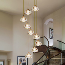 French-Style Vintage Staircase Lamp, All-Copper Rotating Duplex Long Pendant Lamp, High-End Villa Foyer Ceiling Lighting Fixture