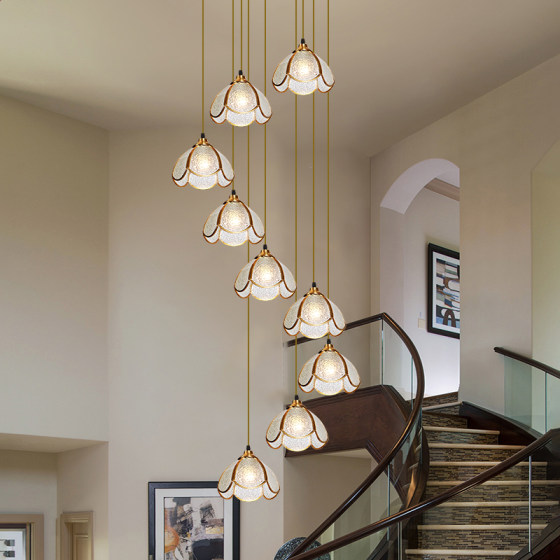 French-Style Vintage Staircase Lamp, All-Copper Rotating Duplex Long Pendant Lamp, High-End Villa Foyer Ceiling Lighting Fixture