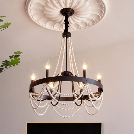 French Retro Living Room Lamp American Black High-End Pearl Chandelier Romantic Bar Cafe Bedroom Dining Room Lamp