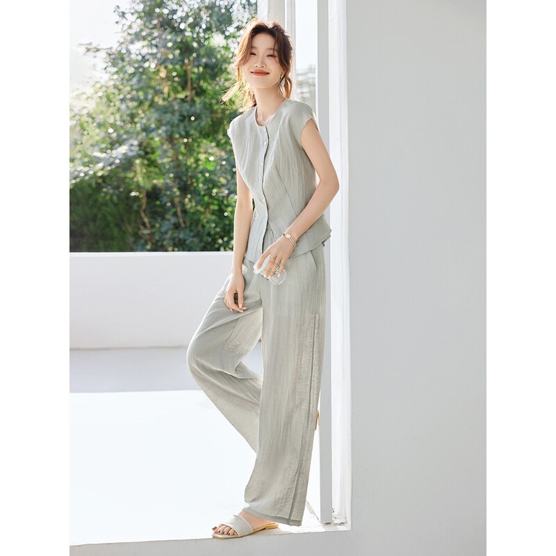Outlet European Brand Hot Sale Clearance Casual Round Neck Loose Sleeveless Top and Long Pants Two-Piece Set for Women Summer