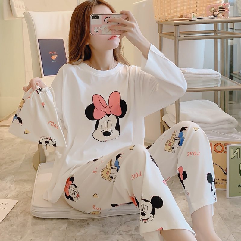 Pure Cotton Pajamas for Women, Spring and Autumn Long-Sleeved Korean Style, Cute and Sweet Mouse Design, Thin Student Homewear Two-Piece Set