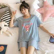 Pajamas womens summer loose two thin summer pink leopard can be worn outside the Korean version of pure cotton home clothes short-sleeved suit