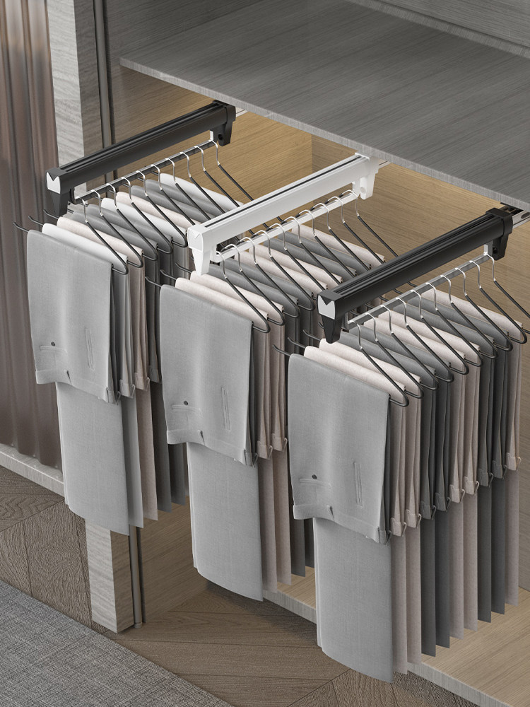 Pants Rack with Telescopic Slide Rail, Built-In Wardrobe Top-Mounted Pull-Out Pants Organizer, Multifunctional Home Storage Accessory for Hanging Pants