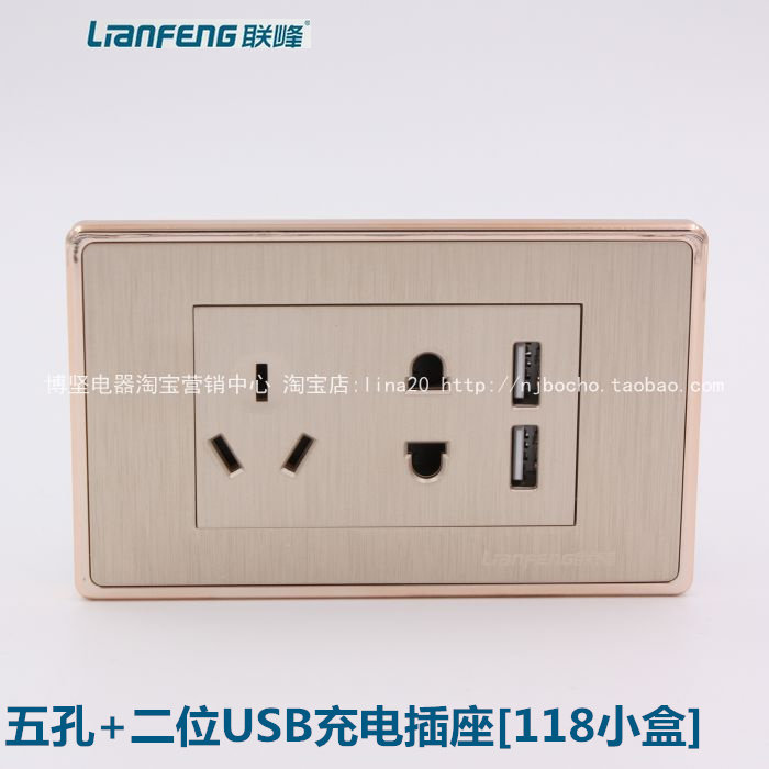 Lifeng 118 Type USB Plug Golden Wire Drawing Five Holes Plus USB Five Holes USB Five Eyes With 2 Bits USB Charging Socket