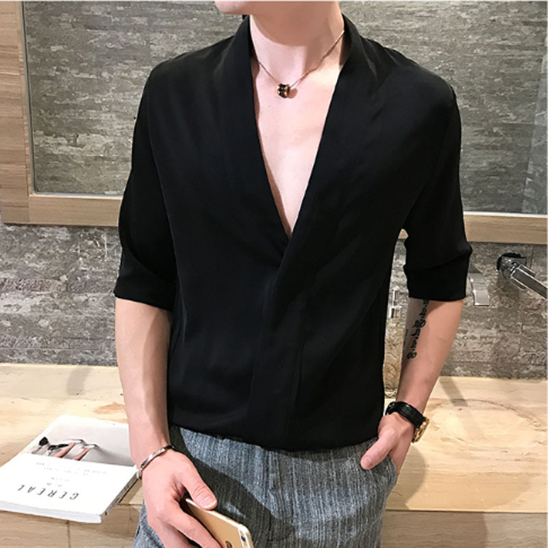 Summer Solid Color Deep V-Neck Short-Sleeve T-Shirt, Fashionable, Casual, Stylish, Hairstylist Personality Men's Shirt, Nightclub Bar Trend