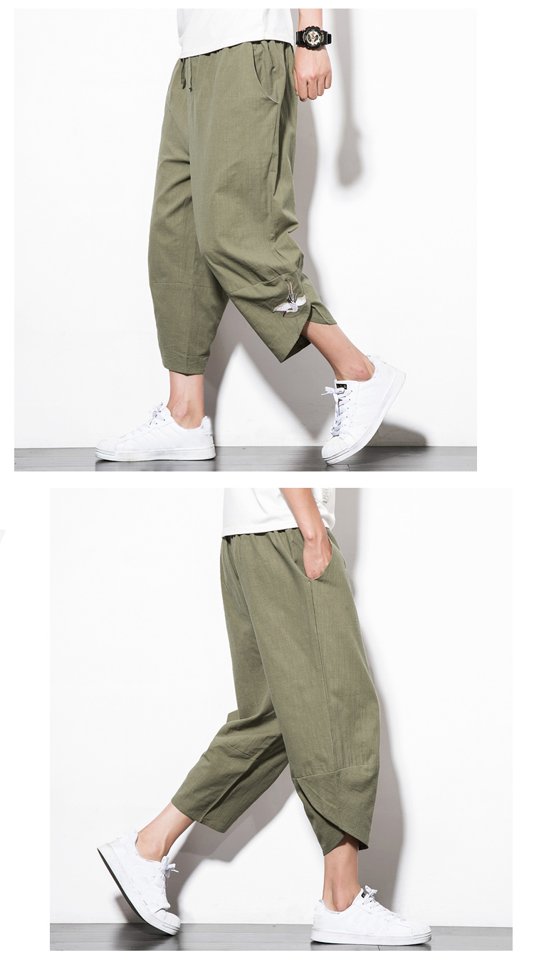 Quần phật giáo nam phong cách Trung Quốc mùa hè bảy điểm quần âu cotton trẻ trung và vải lanh rộng chân chín quần thêu hoa quần áo thể thao