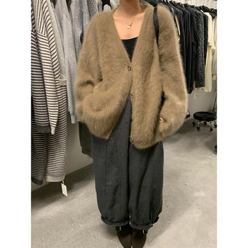 Mink velvet v-neck sweater jacket soft waxy knitted cardigan