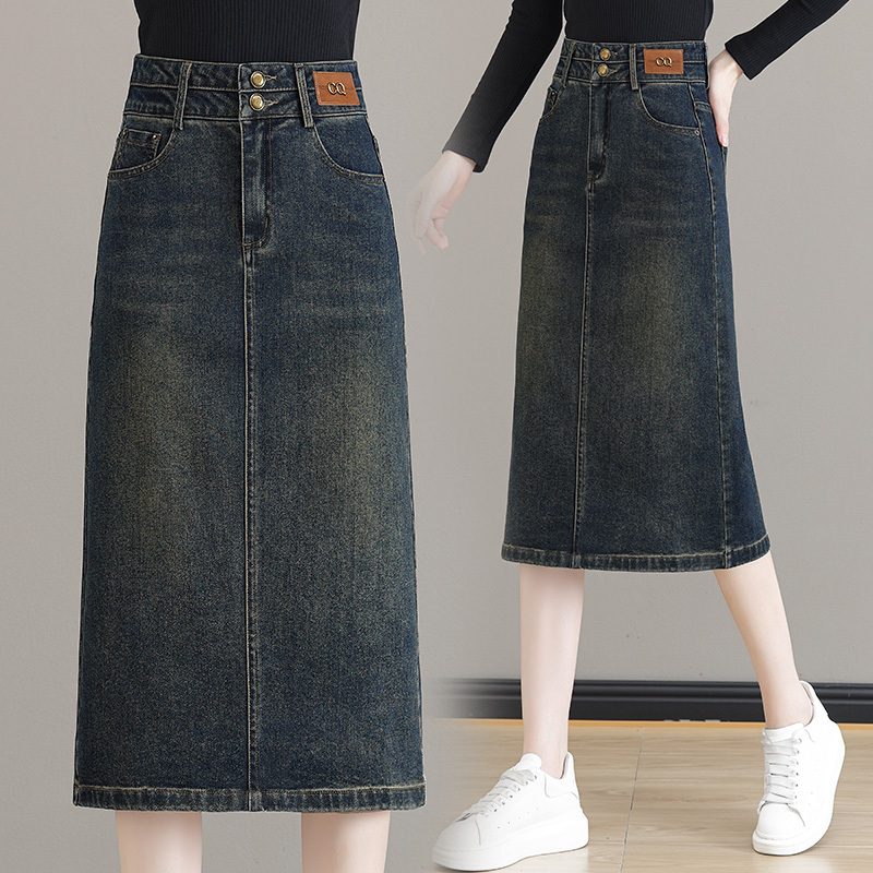 Retro Blue Denim Skirt for Women 2025 Spring and Autum New High-Waisted Slit Mid-Length Versatile One-Step Skirt