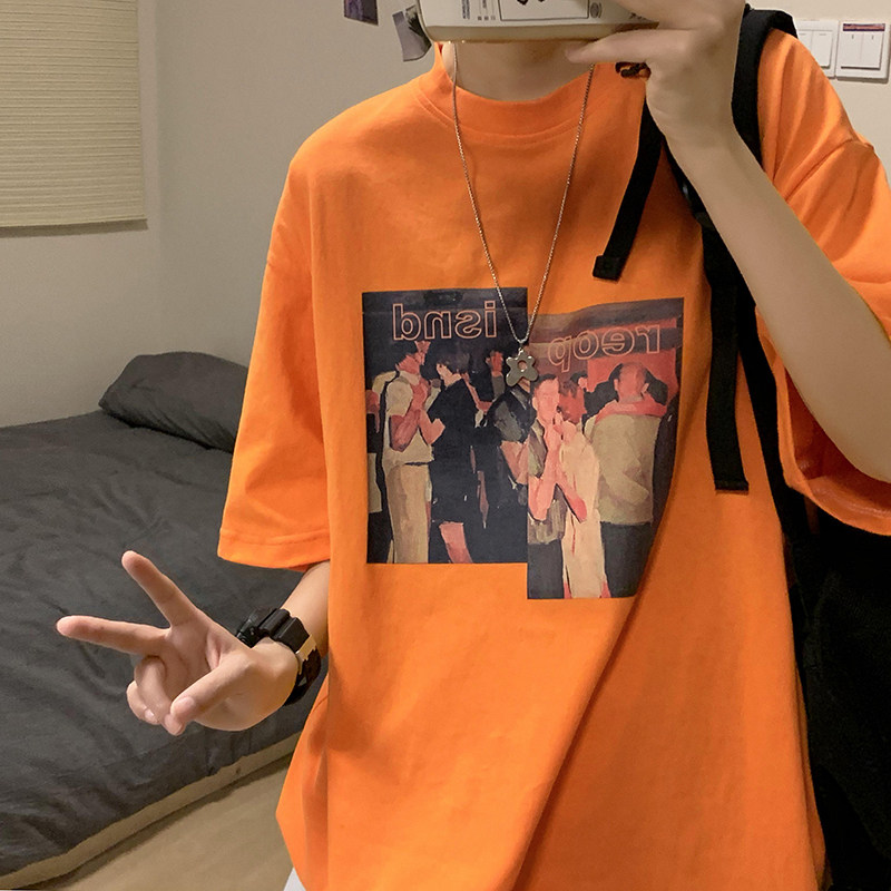 Summer orange T-shirt Men's port wind loose vibe National tide high street clothes tide ins casual pure cotton short-sleeved T-shirt