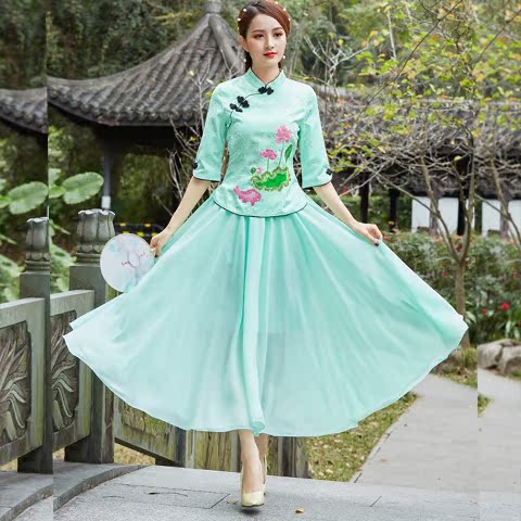 Mới cải thiện sườn xám đầu hai mảnh bộ retro váy hiệu suất hàng đầu Tang sườn xám phù hợp với Trung Quốc của phụ nữ