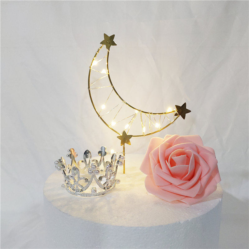 Baking cake decoration birthday beautiful Wrought iron plug card gold moon silver star plug flag cake light string