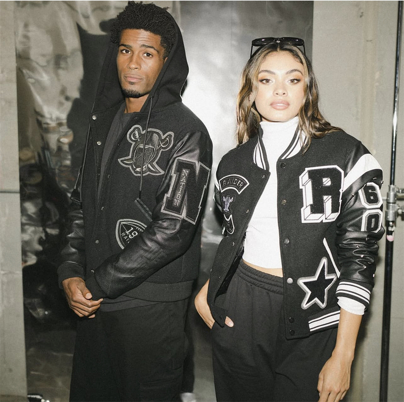 Foreign High-End Trendy Brand Collaboration Nfl Raiders Team Heavy Embroidery Woolen Pu Leather Sleeve Padded Baseball Jacket