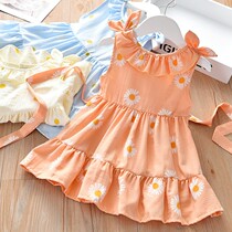 Girls summer cotton daisy print dress for children and children with bow doll collar