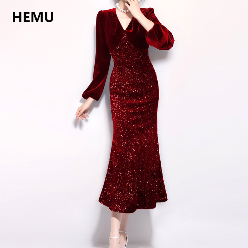 Red Velvet Dress for Women, French Long-Sleeved Engagement Dress, Sequined Fishtail Dress, Important Occasion Wear, Early Autumn Red Velvet Dress for Women, French Long-Sleeved Engagement Dress, Sequined Fishtail Dress, Important Occasion Wear, Early Autumn