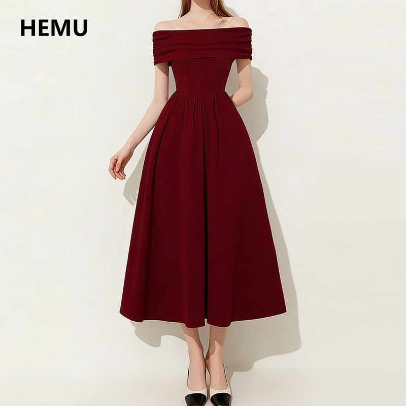 Red Off-The-Shoulder Dress for Women, French-Style Engagement Toast Dress, Elegant and Classy, Particularly Beautiful, Waist-Cinching Long Dress for Autumn