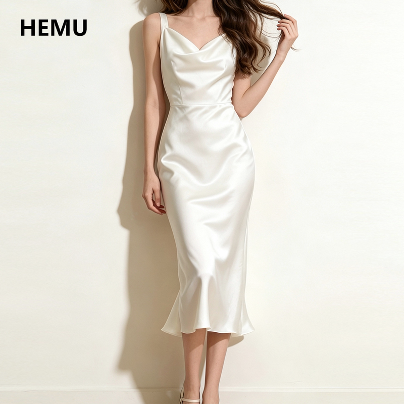 White Satin Slip Dress for Women, French Style, Elegant and Graceful, Stunning Fishtail Long Dress, High-End, Suitable for Young Ladies, Summer Wear