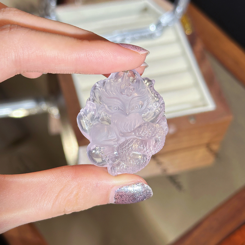 【Exquisitely Carved Nine-Tailed Fox Pendant】Collection of Aquamarine, Green Phantom, Pink, Yellow, Purple, and White Crystal Fox 3D Carved Pieces