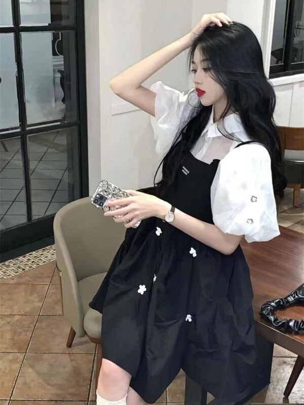 Maternity Summer Outfit Set, French-Style Fresh Camisole Dress, Korean-Style Loose Puff Sleeve Shirt Two-Piece Set
