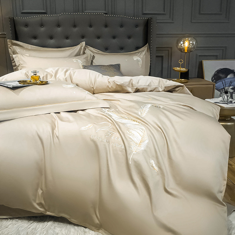 Light and luxurious Pure Embroidered Full Cotton Linen Four Sets Minimalist Pure Cotton Quilt Cover Feather Embroidered Bed Ogasawara Bedding