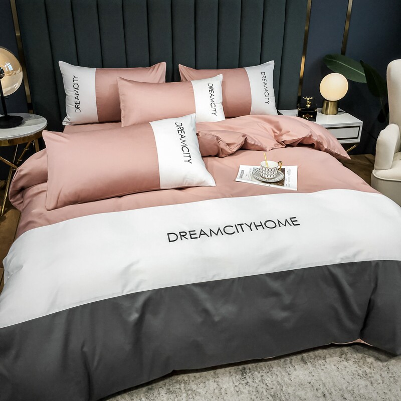 Light luxurious spell full cotton pure cotton linen 4 sets minimalist pure color quilt cover 100 cotton bed Hat Style Bed kit