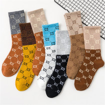 Tide brand ins middle tube stockings female bright silk splicing CC letter retro Korean Net red College wind pile socks