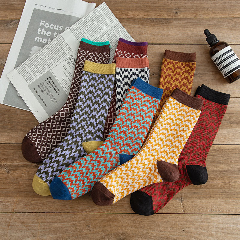 Houndstooth Socks Women's Socks ins Tide Fall/Winter Cotton Mori Lingge Long Barrel Bubble Socks Vintage Socks Hong Kong Wind