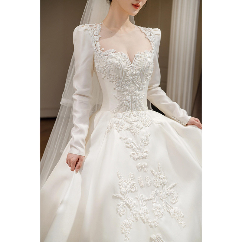 Свадебное газовое платье высокой четкости bride 2026 новое атласное платье с длинными рукавами из высококачественной текстуры французской тяжелой промышленности, легкая роскошная зимняя основная пряжа
