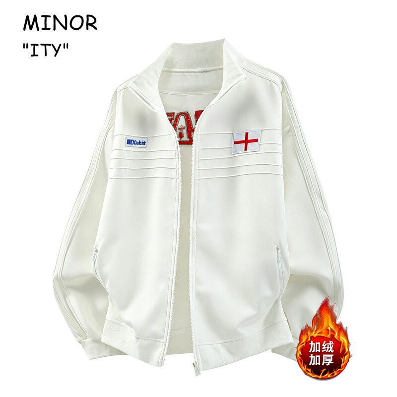 [American Retro Style] England Pleated Embroidered Logo Stand-Up Collar Jacket for Men in Autumn and Winter Fleece-Lined Loose Sports Jacket